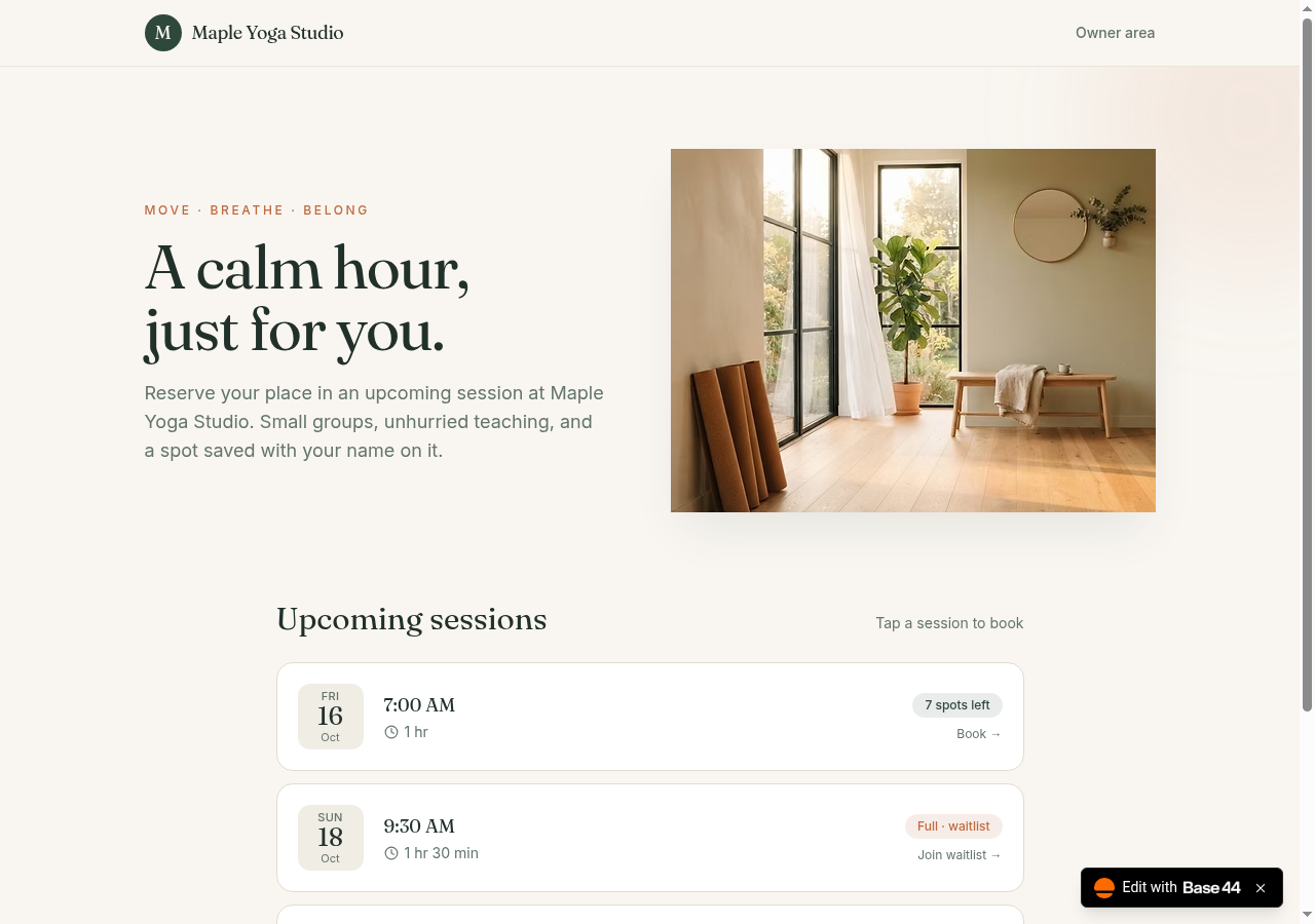 SlotKeeper booking page on desktop: Maple Yoga Studio hero with an Upcoming sessions list showing spots-left and Full · waitlist cards